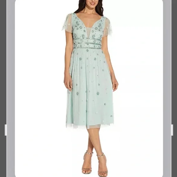 crochet dress beige Long Beaded V-Neck Formal Dress with Short Sleeves– PromGirl main image 1